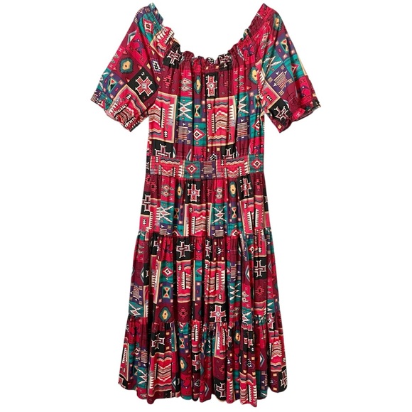 Desert West Sherry Holt Vintage Western Cotton Tiered Dress Red Print Size Large - Picture 4 of 16